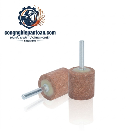 Hình ảnh các loại đầu mài trụ tròn, nổi bật là Đầu mài Ct 60-80 D1 25.25.6 cốt 6 ly màu nâu đỏ, chuyên dùng lắp máy mài khuôn để đánh bóng kim loại, do Công Nghiệp An Toàn phân phối.