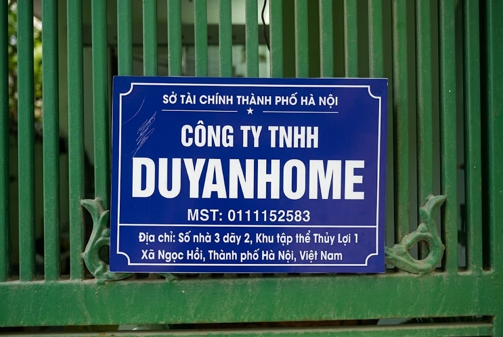 Hình ảnh biển hiệu chính thức của Công ty TNHH DUYANHOME. Cập nhật chi tiết mã số thuế 0111152583 và địa chỉ trụ sở tại Xã Ngọc Hồi, Thành phố Hà Nội.