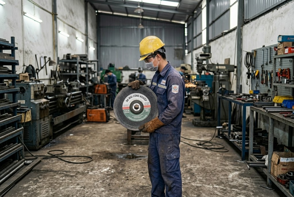 Bức ảnh chân thực về người thợ cơ khí được trang bị đầy đủ đồ bảo hộ an toàn, đang kiểm tra tấm đá mài công nghiệp cỡ lớn ngay tại không gian xưởng sản xuất chuyên nghiệp.