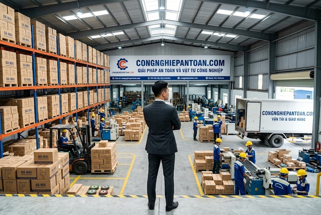 Chiêm ngưỡng quy mô tổng kho hiện đại của CongNghiepAnToan.com. Nguồn hàng đá mài và vật tư công nghiệp khổng lồ, quy trình vận hành chuyên nghiệp, giao hàng toàn quốc nhanh chóng.