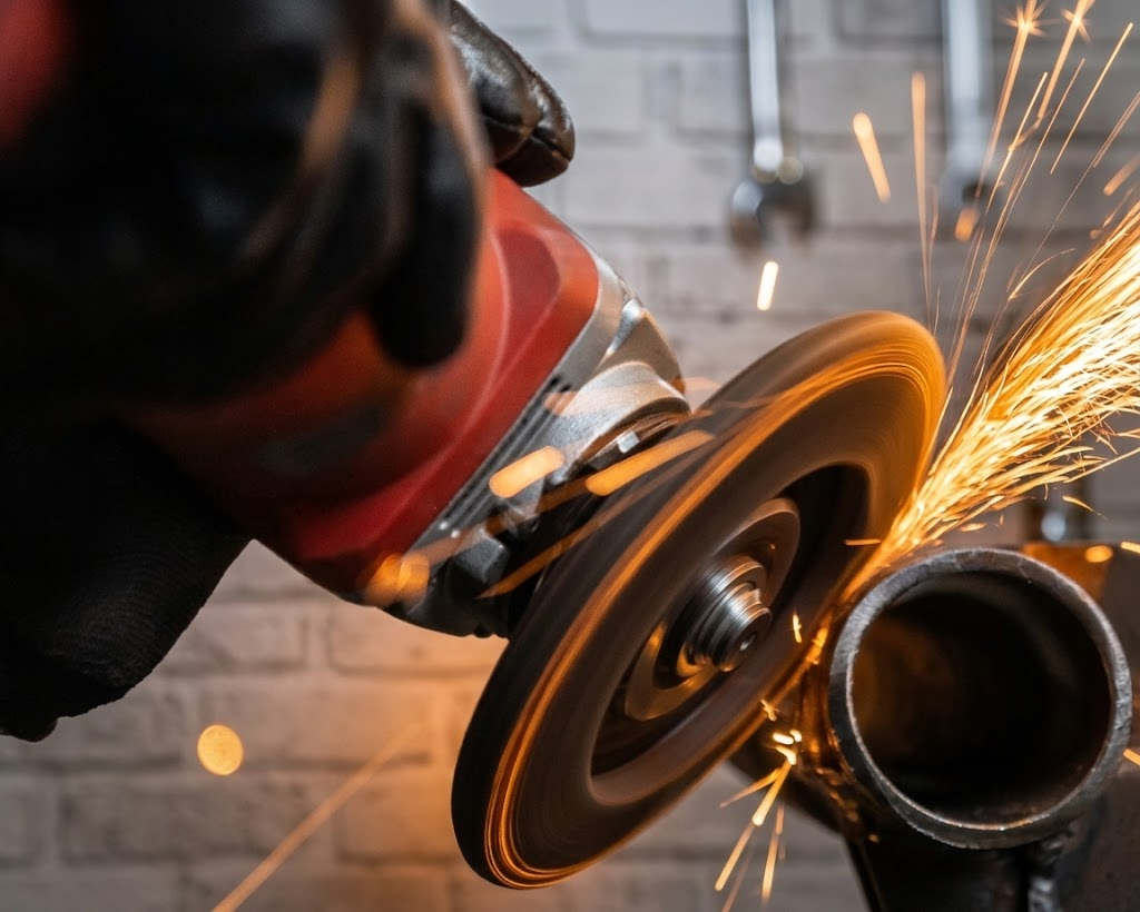 Chiêm ngưỡng hình ảnh thực tế quá trình cắt ống kim loại bằng máy mài góc cầm tay. Sự kết hợp giữa máy công suất cao và đá cắt chuyên dụng mang lại hiệu suất cắt chính xác, mạnh mẽ.