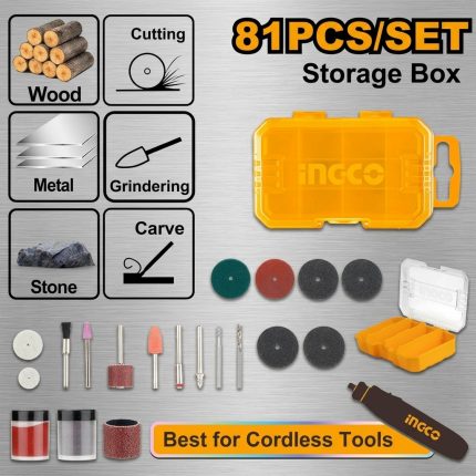 Hình ảnh Bộ 81 món phụ kiện máy mài khuôn mini Ingco AKMG8081 chính hãng đi kèm hộp đựng tiện lợi, bao gồm các đầu mài, đầu cắt, giấy nhám, mũi khắc và phụ kiện đa năng. Sản phẩm phù hợp cho các công việc cắt, mài, đánh bóng, khắc gỗ, kim loại, đá và nhiều vật liệu khác, đáp ứng nhu cầu DIY và gia công chuyên nghiệp.