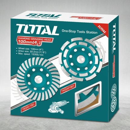 Hình ảnh Chén mài đá bê tông Total TAC2411001 100mm chính hãng, hiệu suất cao, đường kính 100mm, lỗ trục 22,2mm, tốc độ tối đa 15.300 vòng/phút. Sản phẩm lý tưởng cho mài và làm nhẵn bề mặt bê tông, đảm bảo độ bền và an toàn cho người sử dụng.