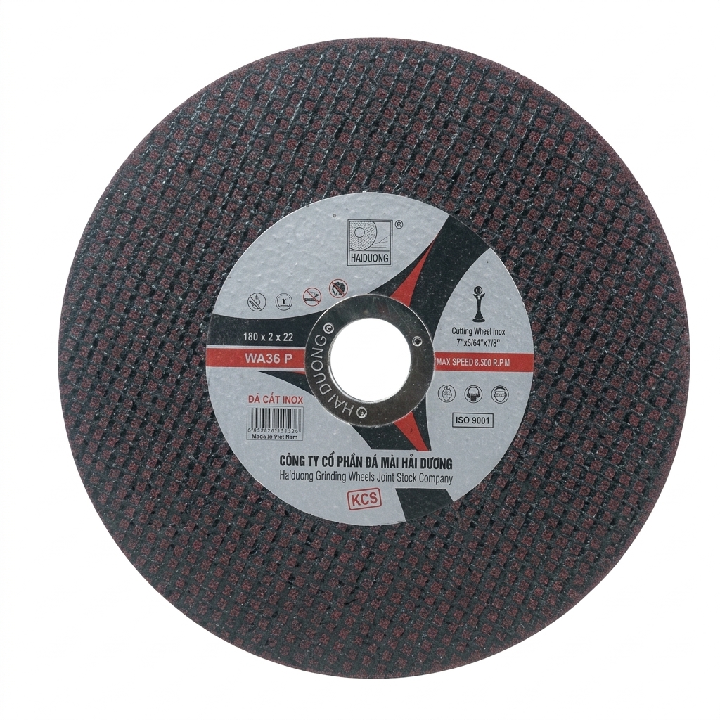 Cận cảnh bề mặt nhám và vân lưới cường lực của Đá cắt inox Ct 180.2.22 đỏ chính hãng Hải Dương. Đĩa cắt cỡ lớn 180mm chuyên dụng cho máy mài góc công suất cao, cắt Inox không cháy phôi.