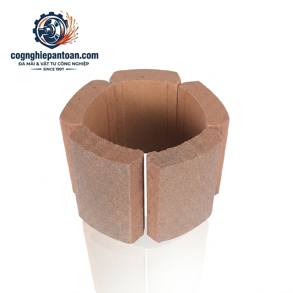 Khám phá hình ảnh chi tiết cận cảnh một phân đoạn cong của Đá mài miếng M2 màu nâu đỏ, thương hiệu Damahad (SINCE 1966). congnghiepantoan.com cung cấp các loại đá mài công nghiệp chính hãng, chất lượng cao. Liên hệ ngay để nhận báo giá sỉ tốt nhất!