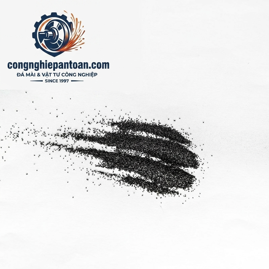 Hình ảnh vật tư Hạt mài Cacbua silic đen (Black Silicon Carbide) dạng hạt mịn nguyên chất, chuyên dùng cho công nghệ phun cát làm sạch bề mặt kim loại, phân phối bởi thương hiệu Công Nghiệp An Toàn.