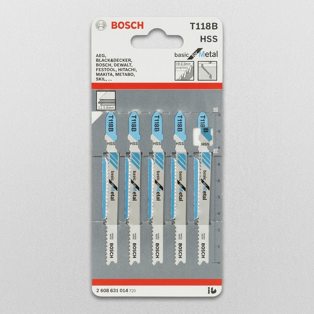 Bộ Lưỡi cưa lọng sắt T118B Bosch 2608631014 gồm 5 lưỡi cưa chất lượng cao, được thiết kế đặc biệt để cắt các loại kim loại mỏng, tấm inox và thép mềm. Với chất liệu HSS (High Speed Steel), lưỡi cưa đảm bảo độ bền vượt trội, khả năng chống mòn tốt và đường cắt sắc nét. Mỗi lưỡi có răng cưa chính xác giúp giảm rung khi cắt, mang lại hiệu quả tối ưu trên cả các máy cưa kiếm cầm tay và máy cưa bàn.