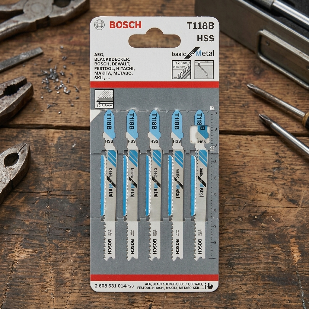 Bộ Lưỡi cưa lọng sắt T118B Bosch 2608631014 gồm 5 lưỡi cưa chất lượng cao, được thiết kế đặc biệt để cắt các loại kim loại mỏng, tấm inox và thép mềm. Với chất liệu HSS (High Speed Steel), lưỡi cưa đảm bảo độ bền vượt trội, khả năng chống mòn tốt và đường cắt sắc nét. Mỗi lưỡi có răng cưa chính xác giúp giảm rung khi cắt, mang lại hiệu quả tối ưu trên cả các máy cưa kiếm cầm tay và máy cưa bàn.