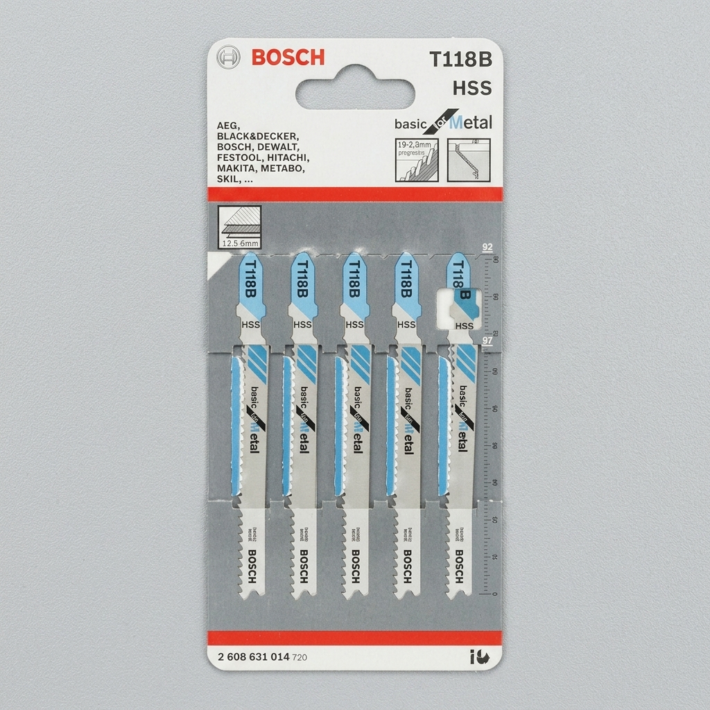 Bộ Lưỡi cưa lọng sắt T118B Bosch 2608631014 gồm 5 lưỡi cưa chất lượng cao, được thiết kế đặc biệt để cắt các loại kim loại mỏng, tấm inox và thép mềm. Với chất liệu HSS (High Speed Steel), lưỡi cưa đảm bảo độ bền vượt trội, khả năng chống mòn tốt và đường cắt sắc nét. Mỗi lưỡi có răng cưa chính xác giúp giảm rung khi cắt, mang lại hiệu quả tối ưu trên cả các máy cưa kiếm cầm tay và máy cưa bàn.