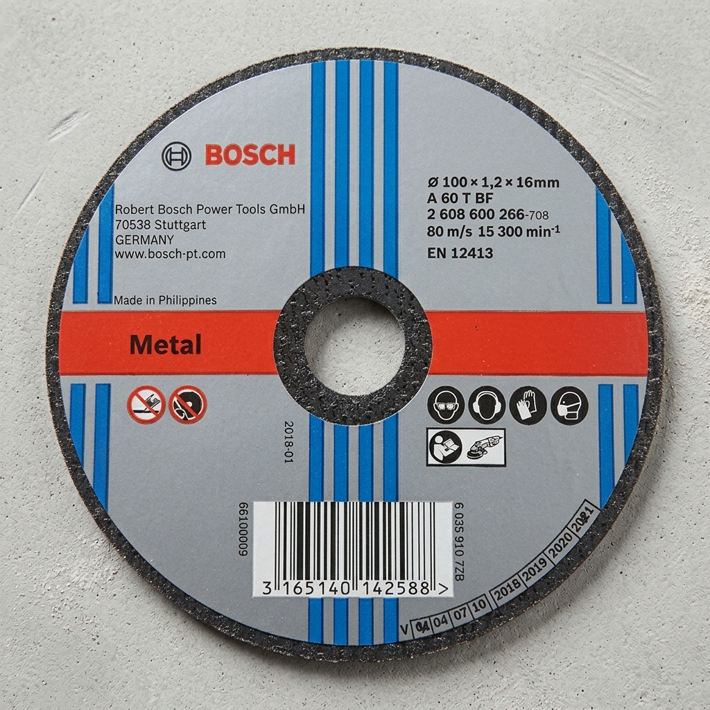 Đá cắt 100mm Bosch 2608600266 chính hãng chuyên dùng cho kim loại, kích thước 100x1.2x16mm, tốc độ cắt tối đa 15.300 vòng/phút.
