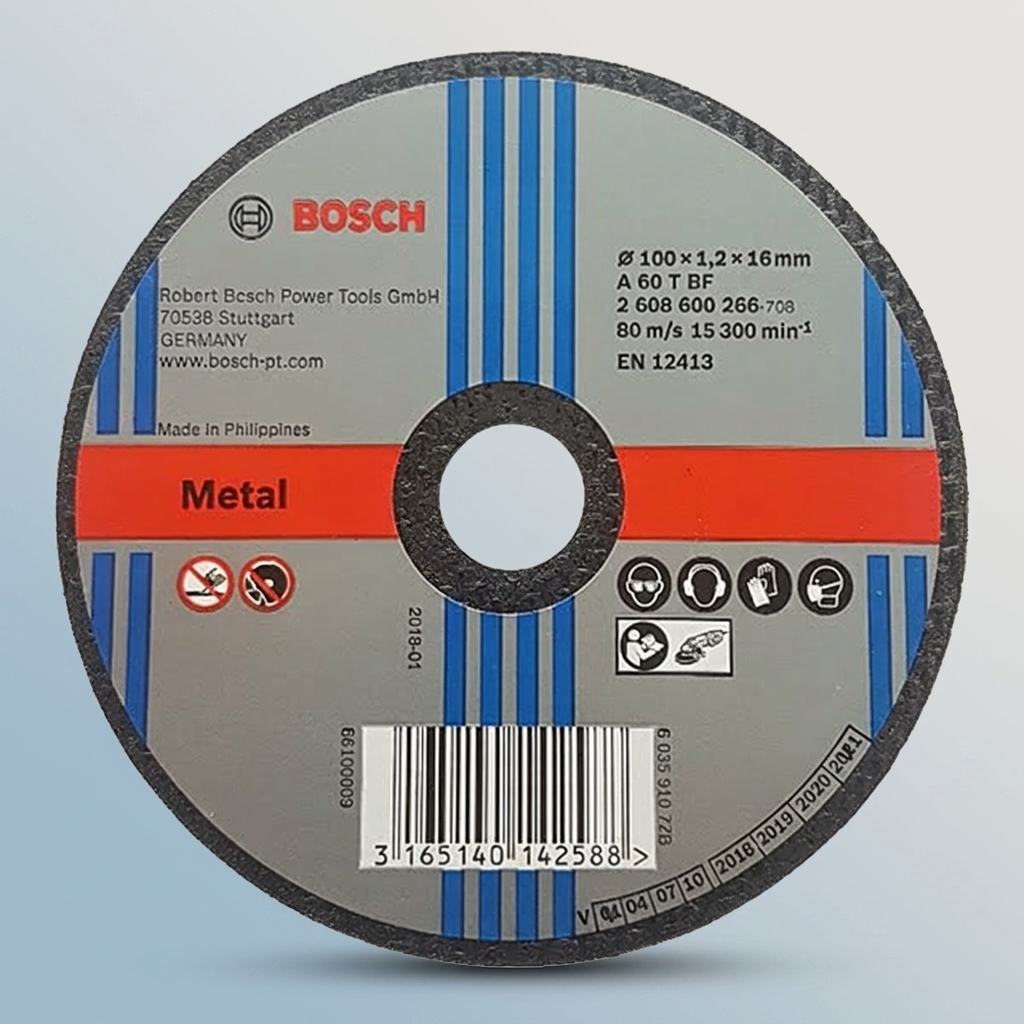 Đá cắt 100mm Bosch 2608600266 chính hãng chuyên dùng cho kim loại, kích thước 100x1.2x16mm, tốc độ cắt tối đa 15.300 vòng/phút.