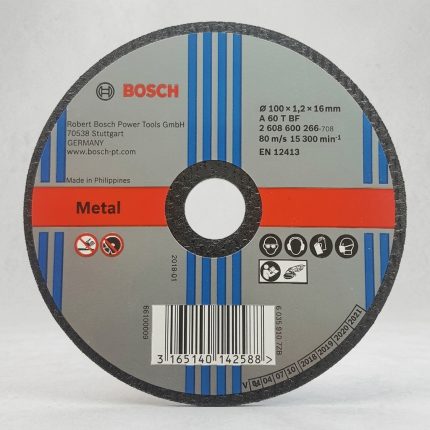 Đá cắt 100mm Bosch 2608600266 chính hãng chuyên dùng cho kim loại, kích thước 100x1.2x16mm, tốc độ cắt tối đa 15.300 vòng/phút.