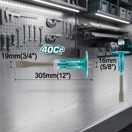 19x305mm Đục sắt mũi dẹp Total THT4411216 chính hãng được sản xuất từ thép hợp kim 40Cr cao cấp, trang bị lưỡi đục dẹp rộng 19mm, chiều dài 305mm và tay cầm chống trượt chắc chắn, chuyên dùng để đục bê tông, cắt kim loại, bóc lớp vữa cũ, xử lý vật liệu xây dựng và thi công cơ khí với độ bền cao, khả năng chịu va đập tốt và hiệu suất làm việc vượt trội.