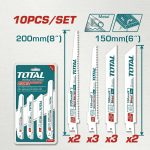 Bộ 10 lưỡi cưa kiếm cắt gỗ có đinh và kim loại Total TRSB1001 bao gồm 10 lưỡi cưa chất lượng cao với nhiều kích thước khác nhau, đáp ứng nhu cầu cắt gỗ, gỗ có đinh, pallet, kim loại mỏng và vật liệu xây dựng. Sản phẩm được chế tạo từ thép hợp kim bền bỉ, răng cưa sắc bén giúp tăng tốc độ cắt, giảm rung lắc và nâng cao hiệu suất làm việc. Bộ lưỡi cưa kiếm Total TRSB1001 tương thích với hầu hết các dòng máy cưa kiếm phổ biến trên thị trường, là lựa chọn lý tưởng cho thợ cơ khí, thợ mộc, thợ xây dựng và người dùng DIY chuyên nghiệp.