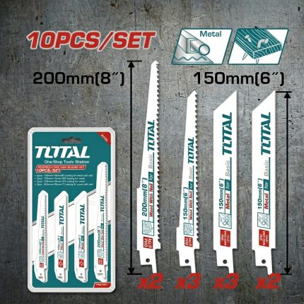 Bộ 10 lưỡi cưa kiếm cắt gỗ có đinh và kim loại Total TRSB1001 bao gồm 10 lưỡi cưa chất lượng cao với nhiều kích thước khác nhau, đáp ứng nhu cầu cắt gỗ, gỗ có đinh, pallet, kim loại mỏng và vật liệu xây dựng. Sản phẩm được chế tạo từ thép hợp kim bền bỉ, răng cưa sắc bén giúp tăng tốc độ cắt, giảm rung lắc và nâng cao hiệu suất làm việc. Bộ lưỡi cưa kiếm Total TRSB1001 tương thích với hầu hết các dòng máy cưa kiếm phổ biến trên thị trường, là lựa chọn lý tưởng cho thợ cơ khí, thợ mộc, thợ xây dựng và người dùng DIY chuyên nghiệp.