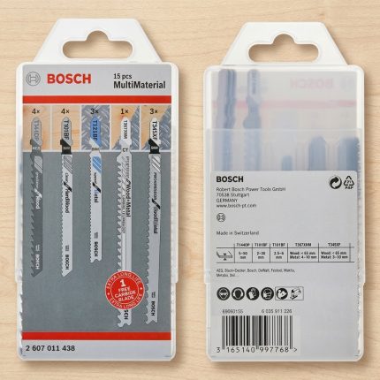 Bộ 15 lưỡi cưa lọng gỗ Bosch 2607011436 (9 T144DP, 5 T101BF, 1 T144DHM) chính hãng gồm nhiều loại lưỡi chuyên dụng cho gỗ, gỗ cứng, gỗ công nghiệp và vật liệu đa lớp. Sản phẩm sử dụng thép HCS, BIM và Carbide cao cấp, mang lại khả năng cắt nhanh, chính xác, tuổi thọ cao, phù hợp cho thợ mộc, xưởng nội thất và công trình chuyên nghiệp.