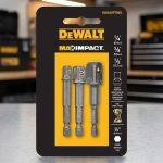 Hình ảnh Bộ 3 đầu chuyển từ vặn vít qua bu lông Dewalt DWAADPTMI3 chính hãng, gồm 3 kích thước 1/4", 3/8", 1/2", giúp chuyển máy vặn vít sang siết bu lông nhanh chóng, chịu lực tốt, phù hợp cho thợ cơ khí, sửa chữa và lắp ráp chuyên nghiệp.