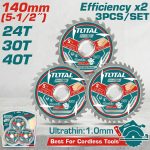 Bộ 3 lưỡi cưa gỗ TCT 140mm Total TAC236140 chính hãng, gồm các lưỡi 24T, 30T và 40T, siêu mỏng 1.0mm, chuyên cắt gỗ tự nhiên, MDF, plywood và gỗ công nghiệp. Thiết kế TCT Ultrathin giúp cắt nhanh, chính xác, giảm sứt mẻ và tối ưu cho máy cưa pin/cầm tay, phù hợp cho thợ mộc chuyên nghiệp và DIY.