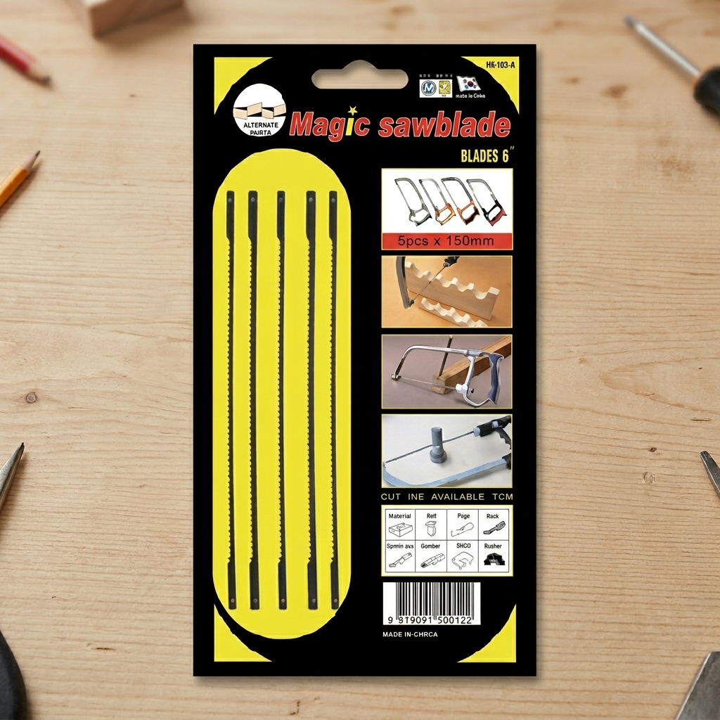 Hình ảnh Bộ Lưỡi cưa Magic Saw HA-103A gồm 5 lưỡi cưa đa năng chuyên dụng, phù hợp cho nhiều loại vật liệu như gỗ, nhựa PVC, kim loại mềm, nhôm và các công việc cắt thủ công chính xác. Bộ lưỡi cưa được thiết kế với chất liệu thép bền bỉ, độ đàn hồi cao, giúp đường cắt sắc nét, hạn chế gãy lưỡi khi sử dụng. Bộ Lưỡi cưa Magic Saw HA-103A là phụ kiện thay thế lý tưởng cho khung cưa Magic Saw, đáp ứng nhu cầu gia công, sửa chữa và DIY tại gia đình, xưởng cơ khí và công trình xây dựng.