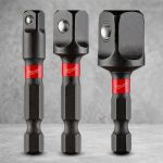 Hình ảnh Bộ đầu chuyển vít sang bu lông 1/2, 1/4, 3/8 inch, Milwaukee 48-32-5033 chính hãng gồm 3 đầu chuyển chuẩn vuông 1/4", 3/8" và 1/2", giúp chuyển đổi nhanh từ chuôi lục giác 1/4 inch sang đầu khẩu. Sản phẩm thuộc dòng SHOCKWAVE™ Impact Duty, được chế tạo từ thép hợp kim cao cấp, chịu lực va đập mạnh, chống mài mòn và tối ưu hiệu suất cho máy bắt vít, máy vặn vít trong cơ khí, sửa chữa ô tô và công nghiệp