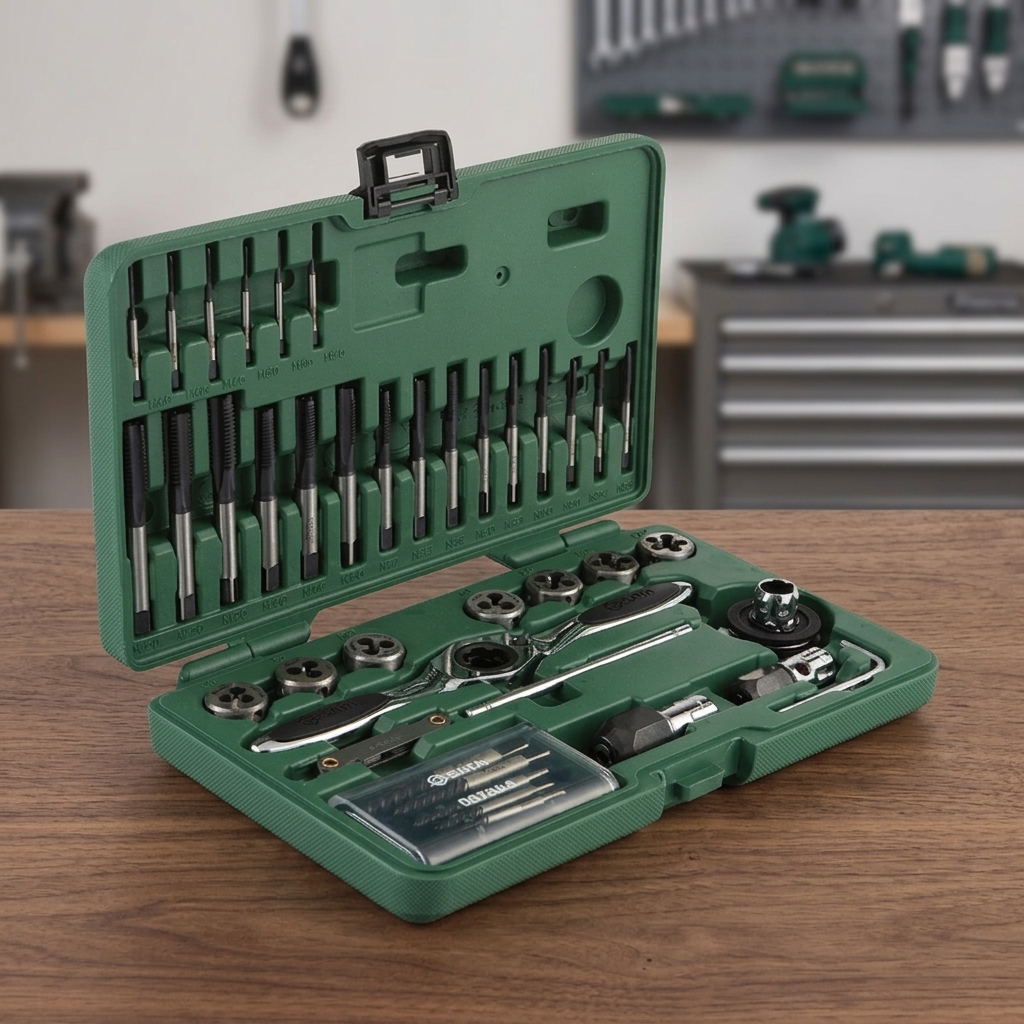 Bộ khuôn tạo ren taro HSS 40 chi tiết SATA 50451 được chế tạo từ thép gió HSS chất lượng cao, bao gồm đầy đủ mũi taro, bàn ren, tay quay taro và phụ kiện hỗ trợ gia công ren trong và ren ngoài chính xác. Bộ dụng cụ chuyên nghiệp phù hợp cho xưởng cơ khí, sửa chữa máy móc, bảo trì thiết bị và sản xuất công nghiệp, giúp nâng cao hiệu suất làm việc và kéo dài tuổi thọ dụng cụ.