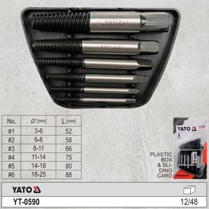 Bộ mũi khoan phá ốc vít hỏng Yato 6 chi tiết YT-0590 chính hãng Ba Lan gồm 6 mũi tháo bu lông gãy bằng thép hợp kim chất lượng cao, thiết kế ren xoắn côn ngược giúp tháo ốc vít bị trờn, gãy hoặc kẹt hiệu quả, phù hợp cho sửa chữa ô tô, cơ khí và bảo trì công nghiệp.