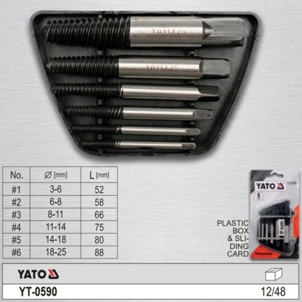 Bộ mũi khoan phá ốc vít hỏng Yato 6 chi tiết YT-0590 chính hãng Ba Lan gồm 6 mũi tháo bu lông gãy bằng thép hợp kim chất lượng cao, thiết kế ren xoắn côn ngược giúp tháo ốc vít bị trờn, gãy hoặc kẹt hiệu quả, phù hợp cho sửa chữa ô tô, cơ khí và bảo trì công nghiệp.