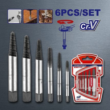 Bộ taro lấy ốc gẫy Emtop ESES2006 chính hãng gồm 6 mũi tháo ốc gãy bằng thép Cr-V cao cấp, thiết kế ren xoắn côn ngược giúp tháo bu lông, vít và ty ren bị gãy hoặc kẹt hiệu quả, phù hợp cho sửa chữa ô tô, xe máy, cơ khí và bảo trì công nghiệp.