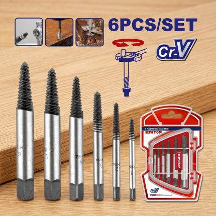 Bộ taro lấy ốc gẫy Emtop ESES2006 chính hãng gồm 6 mũi tháo ốc gãy bằng thép Cr-V cao cấp, thiết kế ren xoắn côn ngược giúp tháo bu lông, vít và ty ren bị gãy hoặc kẹt hiệu quả, phù hợp cho sửa chữa ô tô, xe máy, cơ khí và bảo trì công nghiệp.