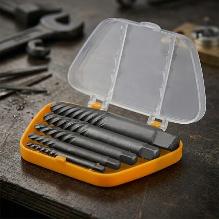 Bộ taro nhổ ốc gẩy 5 cái Tolsen 33505 gồm 5 đầu tháo bu lông gãy ren xoắn ngược bằng thép hợp kim, đựng trong hộp nhựa màu cam tiện lợi, chuyên dùng lấy ốc vít bị gãy, trờn ren hoặc kẹt cứng trong sửa chữa cơ khí, ô tô và bảo trì thiết bị công nghiệp.