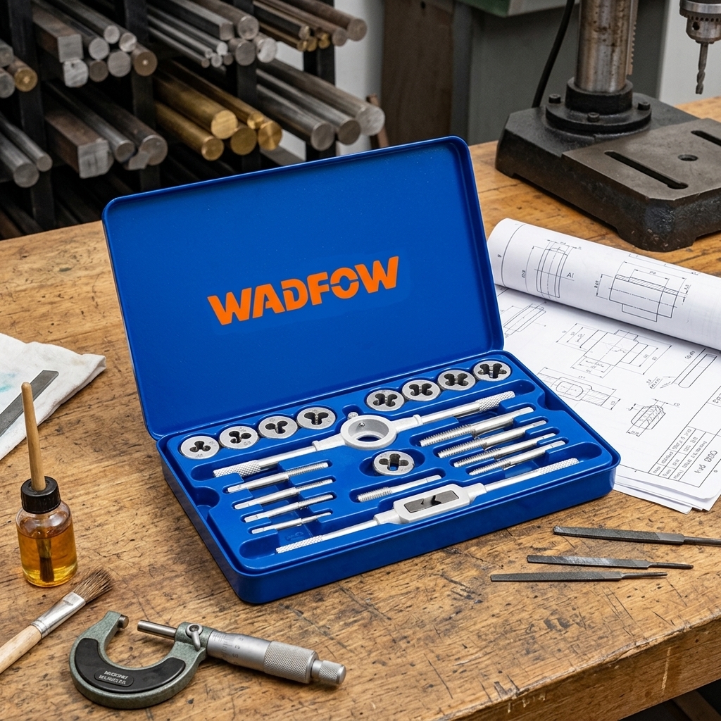 Bộ taro ren 20 chi tiết Wadfow WAJ1L02 chính hãng gồm mũi taro, bàn ren, tay quay taro và đầu giữ bàn ren, sắp xếp trong hộp kim loại màu xanh chắc chắn, hỗ trợ gia công và sửa chữa ren hệ mét từ M3 đến M12 cho ngành cơ khí và bảo trì máy móc.