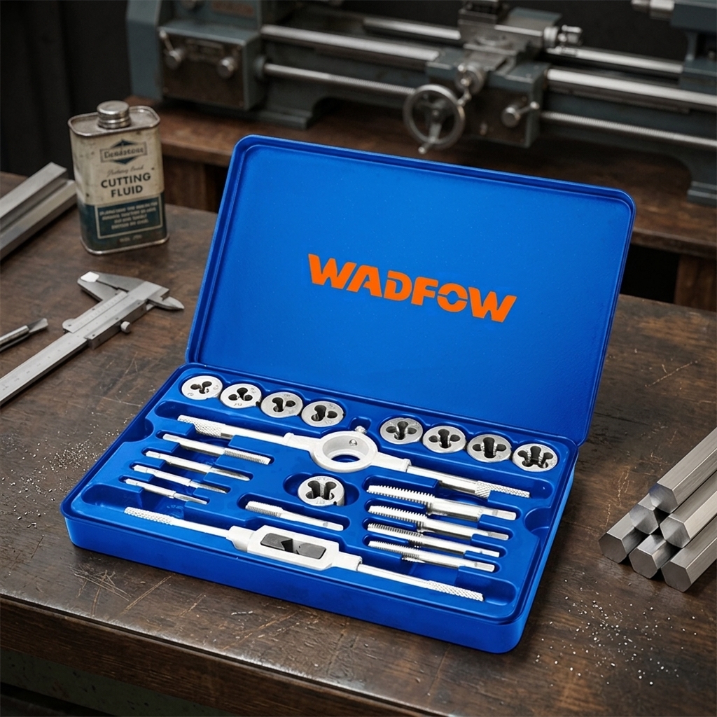 Bộ taro ren 20 chi tiết Wadfow WAJ1L02 chính hãng gồm mũi taro, bàn ren, tay quay taro và đầu giữ bàn ren, sắp xếp trong hộp kim loại màu xanh chắc chắn, hỗ trợ gia công và sửa chữa ren hệ mét từ M3 đến M12 cho ngành cơ khí và bảo trì máy móc.