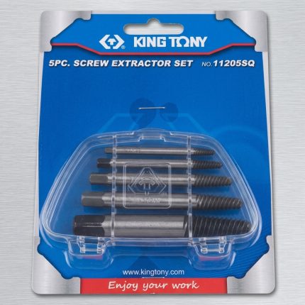 Hình ảnh Bộ taro ren 5 cái Kingtony 11205SQ chính hãng gồm 5 đầu tháo vít gãy chuyên dụng được đựng trong vỉ nhựa tiện lợi. Sản phẩm được chế tạo từ thép hợp kim cường lực, có độ cứng cao và khả năng bám chắc vào bu lông, ốc vít bị gãy, tòe đầu hoặc kẹt ren. Bộ taro ren 5 cái Kingtony 11205SQ là giải pháp hiệu quả dành cho gara ô tô, xưởng cơ khí, đơn vị bảo trì thiết bị công nghiệp và kỹ thuật viên sửa chữa chuyên nghiệp, giúp tháo các chi tiết hư hỏng nhanh chóng mà không làm ảnh hưởng đến bề mặt ren xung quanh.