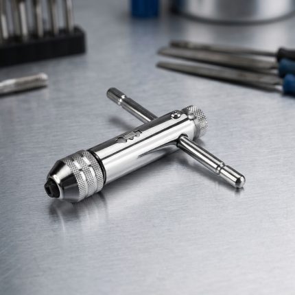 Đầu cờ lê ống tự động siết mũi taro M3-M8 SATA 50403 với cơ cấu bánh cóc đảo chiều linh hoạt, thân thép hợp kim mạ crom sáng bóng, hỗ trợ kẹp chắc mũi taro và gia công ren chính xác trong cơ khí.