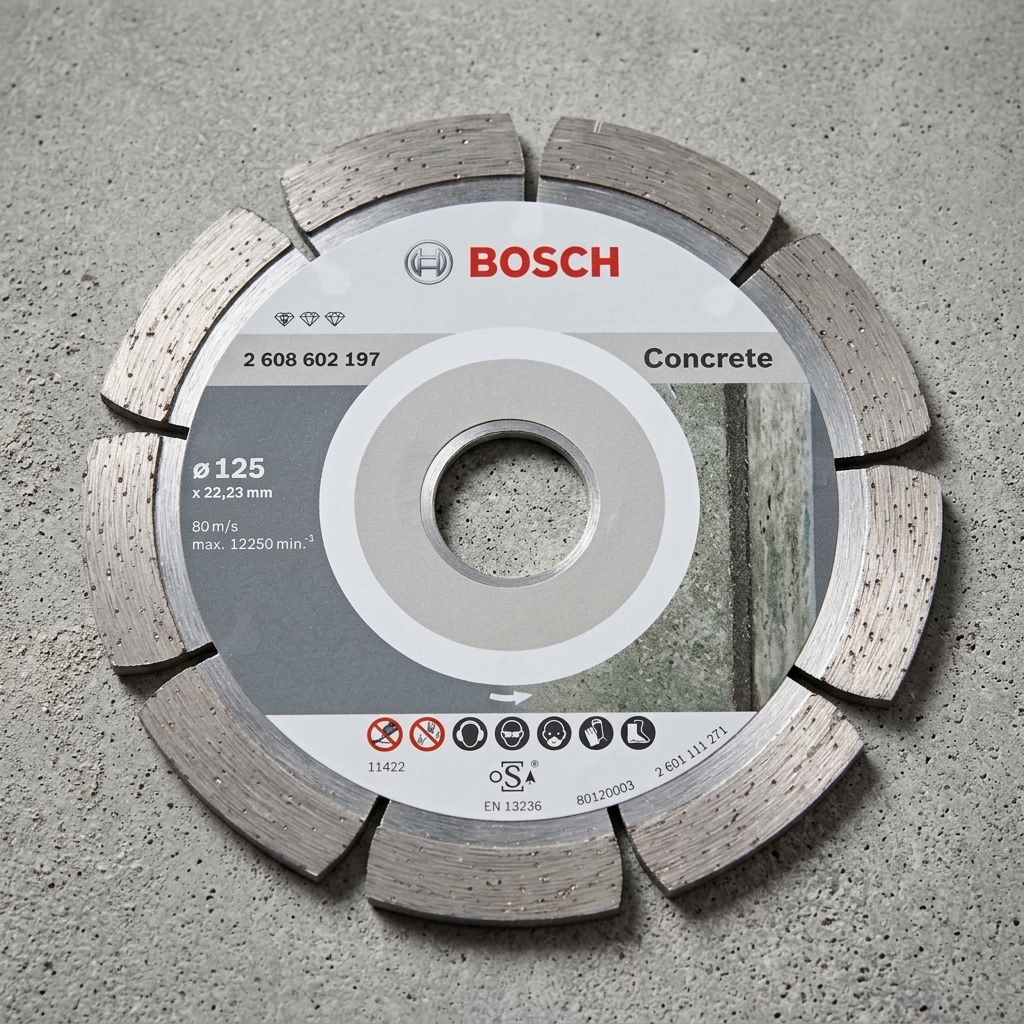 Hình ảnh Đĩa cắt bê tông 125mm Bosch 2608602197 chính hãng với thiết kế lưỡi cắt kim cương phân đoạn chuyên dụng cho bê tông, gạch, đá xây dựng và các vật liệu cứng. Sản phẩm có đường kính 125mm, lỗ trục 22.23mm, khả năng cắt nhanh, ít rung lắc, tuổi thọ cao và phù hợp với nhiều dòng máy cắt cầm tay. Đĩa cắt Bosch 2608602197 là lựa chọn lý tưởng cho thợ xây dựng, thi công công trình và các ứng dụng cắt bê tông chuyên nghiệp, đảm bảo hiệu suất làm việc ổn định và đường cắt chính xác.