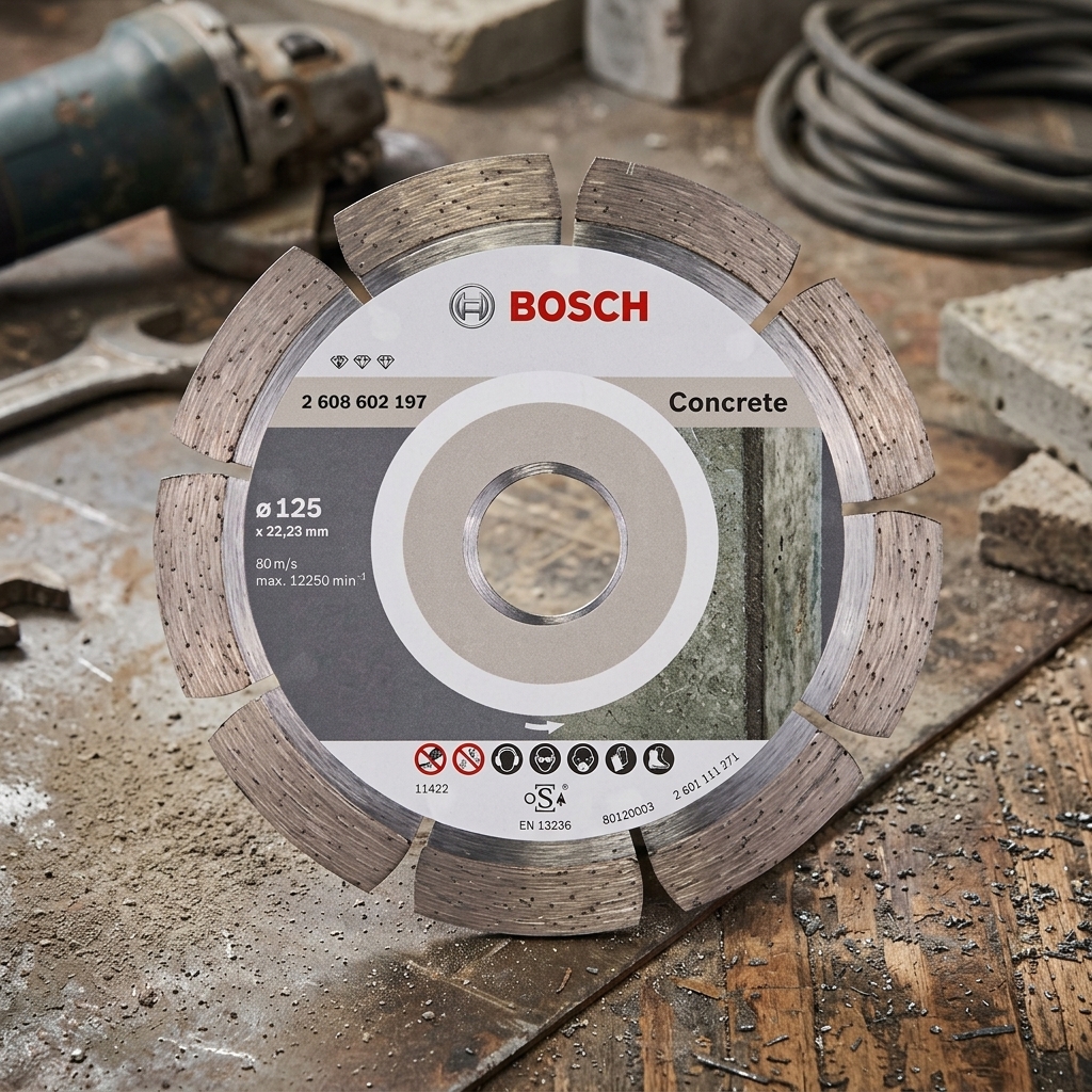 Hình ảnh Đĩa cắt bê tông 125mm Bosch 2608602197 chính hãng với thiết kế lưỡi cắt kim cương phân đoạn chuyên dụng cho bê tông, gạch, đá xây dựng và các vật liệu cứng. Sản phẩm có đường kính 125mm, lỗ trục 22.23mm, khả năng cắt nhanh, ít rung lắc, tuổi thọ cao và phù hợp với nhiều dòng máy cắt cầm tay. Đĩa cắt Bosch 2608602197 là lựa chọn lý tưởng cho thợ xây dựng, thi công công trình và các ứng dụng cắt bê tông chuyên nghiệp, đảm bảo hiệu suất làm việc ổn định và đường cắt chính xác.