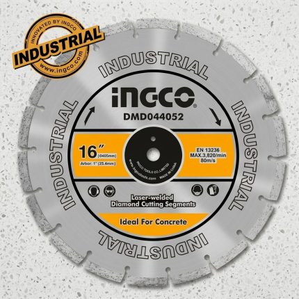 Hình ảnh sản phẩm Đĩa cắt bê tông 405mm Ingco DMD044052 với thiết kế kim cương laser-welded, đường kính 405mm, lỗ trục 25.4mm, chuyên dụng để cắt bê tông, gạch, đá và vật liệu xây dựng nặng. Đĩa cắt bê tông Ingco DMD044052 cho khả năng cắt nhanh, ổn định, hạn chế rung lắc và duy trì đường cắt mịn. Phù hợp cho máy cắt bê tông cầm tay hoặc cắt bê tông công nghiệp trong thi công xây dựng chuyên nghiệp.