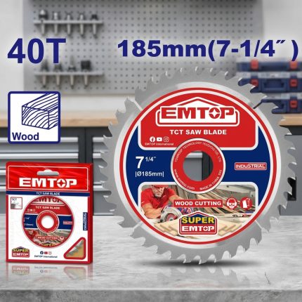 Đĩa cắt gỗ TCT 185mm 40 răng Emtop ETCT1185152 là lưỡi cưa hợp kim chuyên dụng cho các dòng máy cưa đĩa cầm tay và máy cưa bàn. Với đường kính 185mm cùng 40 răng hợp kim Tungsten Carbide (TCT) sắc bén, sản phẩm mang lại khả năng cắt nhanh, chính xác trên gỗ tự nhiên, gỗ công nghiệp, MDF và ván ép. Thiết kế tối ưu giúp giảm mẻ cạnh, hạn chế ba via và nâng cao chất lượng bề mặt cắt, phù hợp cho thợ mộc, xưởng nội thất và công trình xây dựng.