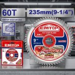 Đĩa cắt gỗ TCT 235mm 60 răng Emtop ETCT123523 là lưỡi cưa hợp kim cao cấp chuyên dùng cho máy cưa đĩa và máy cưa bàn, mang lại khả năng cắt gỗ nhanh, chính xác và bề mặt hoàn thiện mịn đẹp. Với đường kính 235mm (9-1/4 inch) cùng 60 răng hợp kim Tungsten Carbide (TCT) siêu cứng, sản phẩm giúp hạn chế sứt mẻ, giảm xơ gỗ và nâng cao chất lượng thành phẩm trên gỗ tự nhiên, MDF, HDF và ván ép. Đây là lựa chọn lý tưởng cho xưởng mộc, ngành nội thất và công trình xây dựng chuyên nghiệp.