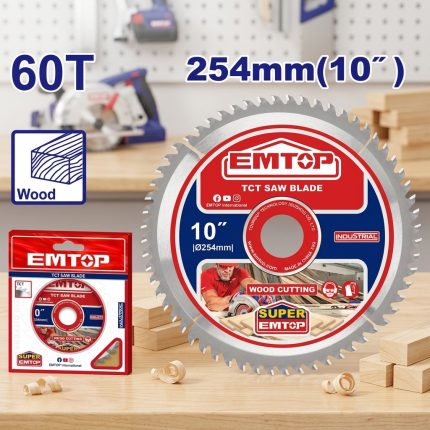 Đĩa cắt gỗ TCT 254mm 60 răng Emtop ETCT125423 là lưỡi cưa hợp kim cao cấp chuyên dùng cho máy cưa bàn, máy cưa đĩa và các thiết bị gia công gỗ chuyên nghiệp. Với đường kính 254mm (10 inch) cùng 60 răng hợp kim Tungsten Carbide (TCT) siêu cứng, sản phẩm mang lại khả năng cắt nhanh, chính xác và bề mặt hoàn thiện mịn đẹp trên gỗ tự nhiên, MDF, HDF, ván ép và các loại gỗ công nghiệp. Thiết kế tối ưu giúp giảm xơ gỗ, hạn chế mẻ cạnh và nâng cao chất lượng thành phẩm trong ngành nội thất và chế biến gỗ.