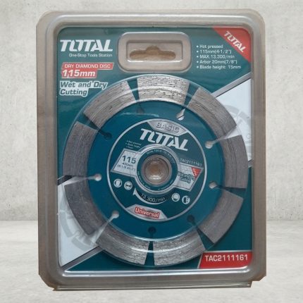Đĩa cắt khô siêu mỏng Total TAC2111161 115x20mm là đĩa cắt kim cương chuyên dụng được thiết kế với vành cắt siêu mỏng giúp tăng tốc độ cắt, giảm hao hụt vật liệu và tạo đường cắt sắc nét trên gạch men, gạch ceramic, gạch granite và đá mỏng. Sản phẩm hỗ trợ cả cắt khô và cắt ướt, mang lại hiệu quả cao trong thi công hoàn thiện nội thất và xây dựng. Với độ bền vượt trội cùng khả năng hạn chế sứt mẻ cạnh gạch, Total TAC2111161 là lựa chọn lý tưởng cho thợ ốp lát chuyên nghiệp.