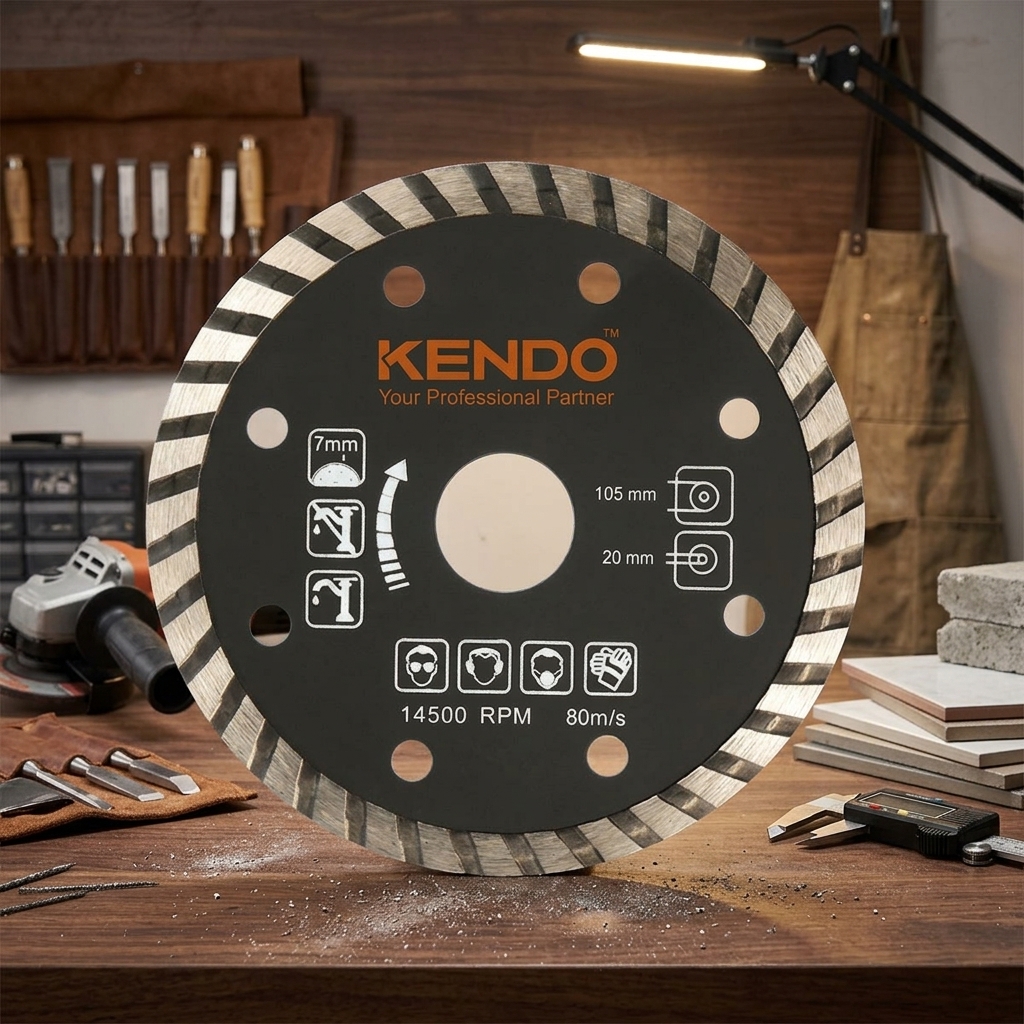 Đĩa cắt kim cương vành Turbo 125×22.23/20/16mm Kendo 61212112 là phụ kiện cắt chuyên nghiệp dành cho máy mài góc và máy cắt cầm tay, chuyên dùng để cắt gạch men, gạch porcelain, đá granite, đá marble, bê tông và các vật liệu xây dựng cứng. Thiết kế vành Turbo giúp tăng tốc độ cắt, cải thiện khả năng thoát nhiệt và giảm ma sát, mang lại đường cắt sắc nét, ổn định và tuổi thọ vượt trội. Sản phẩm phù hợp cho thợ xây dựng, thợ đá và các công trình thi công chuyên nghiệp.