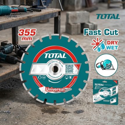 Hình ảnh Đĩa hợp kim nhân tạo dùng cắt nhựa đường và bê tông TAC2113551 của Total với đường kính 355mm, thiết kế rãnh cắt chuyên dụng giúp tăng tốc độ cắt và giảm nhiệt khi làm việc. Sản phẩm hỗ trợ cả phương pháp cắt khô và cắt ướt, phù hợp cho các công trình giao thông, xây dựng dân dụng và công nghiệp. Đĩa hợp kim nhân tạo dùng cắt nhựa đường và bê tông TAC2113551 mang đến khả năng cắt nhanh, đường cắt chính xác, độ bền cao và hiệu suất làm việc ổn định.