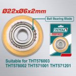 Lưỡi cắt cho bàn cắt gạch đẩy tay Total THT576003B là phụ kiện thay thế chính hãng được thiết kế chuyên dụng cho các dòng bàn cắt gạch Total. Sản phẩm có kích thước 22x6x2mm, tích hợp vòng bi (Ball Bearing Blade) giúp lưỡi lăn êm, cắt chính xác và giảm lực đẩy khi thao tác. Lưỡi cắt phù hợp với các model THT576003, THT578002, THT571001 và THT571201, mang lại đường cắt sắc nét, hạn chế mẻ cạnh gạch và nâng cao hiệu suất thi công.