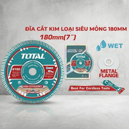 Lưỡi cắt đá 180(7'')X22.2mm Total TAC061801 là đĩa cắt siêu mỏng chuyên dùng cho cắt đá, gạch, bê tông mỏng và vật liệu xây dựng, thiết kế đường kính 180mm, lỗ trục 22.2mm, hỗ trợ cắt ướt, cho đường cắt nhanh, sắc nét và hiệu quả cao