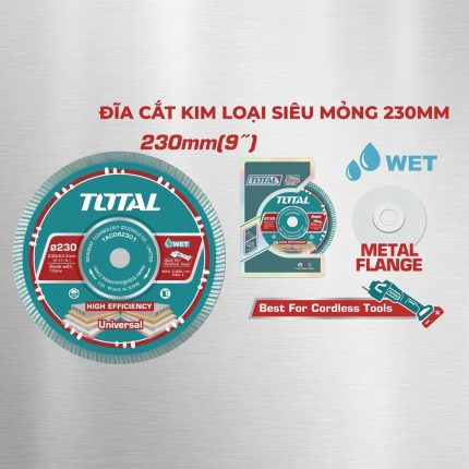 Lưỡi cắt đá 230(9'')X22.2mm Total TAC062301 là đĩa cắt kim loại siêu mỏng 230mm, hỗ trợ cắt ướt, cho đường cắt nhanh, sắc bén, phù hợp sử dụng với máy cắt cầm tay trong thi công đá, gạch và vật liệu xây dựng.