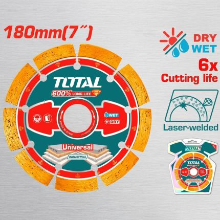 Lưỡi cắt gạch hàn Laser Total TAC2171801 (180mm x 22.2mm) là sản phẩm chính hãng Total, thiết kế laser-welded cho khả năng cắt gạch ceramic, gạch men và vật liệu công nghiệp hiệu quả. Sử dụng được cắt khô và cắt ướt, tuổi thọ gấp 6 lần so với đĩa thông thường. Đường cắt sắc gọn, ít ba via, giúp nâng cao hiệu suất thi công và tiết kiệm thời gian cho xưởng gạch, công trình xây dựng và nhà máy sản xuất.