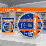 Hình ảnh Lưỡi cưa gỗ 185mm 40T Wadfow WTC1K05 chính hãng với thiết kế TCT Saw Blade 40 răng hợp kim cao cấp, chuyên dùng để cắt gỗ tự nhiên, gỗ công nghiệp, MDF, HDF, ván ép và các vật liệu nội thất yêu cầu độ hoàn thiện cao. Với đường kính 185mm cùng 40 răng sắc bén, sản phẩm cho đường cắt mịn đẹp, giảm xơ cạnh và hạn chế mẻ vật liệu. Lưỡi cưa gỗ 185mm 40T Wadfow WTC1K05 được chế tạo từ thép chất lượng cao kết hợp răng hợp kim Tungsten Carbide (TCT), mang lại độ bền vượt trội, khả năng cắt ổn định và hiệu suất làm việc cao cho thợ mộc, xưởng nội thất và công trình xây dựng.