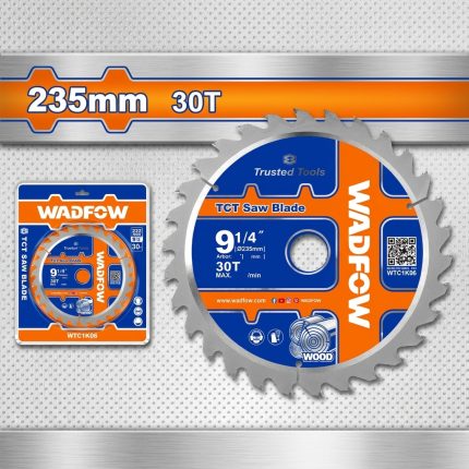 Hình ảnh Lưỡi cưa gỗ 235mm 30T Wadfow WTC1K06 chính hãng với thiết kế TCT Saw Blade 30 răng hợp kim cao cấp, chuyên dùng để cắt gỗ tự nhiên, gỗ công nghiệp, ván ép, MDF và các vật liệu gỗ phổ biến trong ngành mộc. Với đường kính 235mm cùng 30 răng hợp kim Tungsten Carbide (TCT) sắc bén, sản phẩm mang lại tốc độ cắt nhanh, khả năng thoát phoi tốt và đường cắt ổn định. Lưỡi cưa gỗ 235mm 30T Wadfow WTC1K06 được sản xuất từ thép chất lượng cao, giúp tăng độ bền, giảm mài mòn và đáp ứng hiệu quả các công việc cắt gỗ trong xưởng nội thất, công trình xây dựng và gia công chuyên nghiệp.