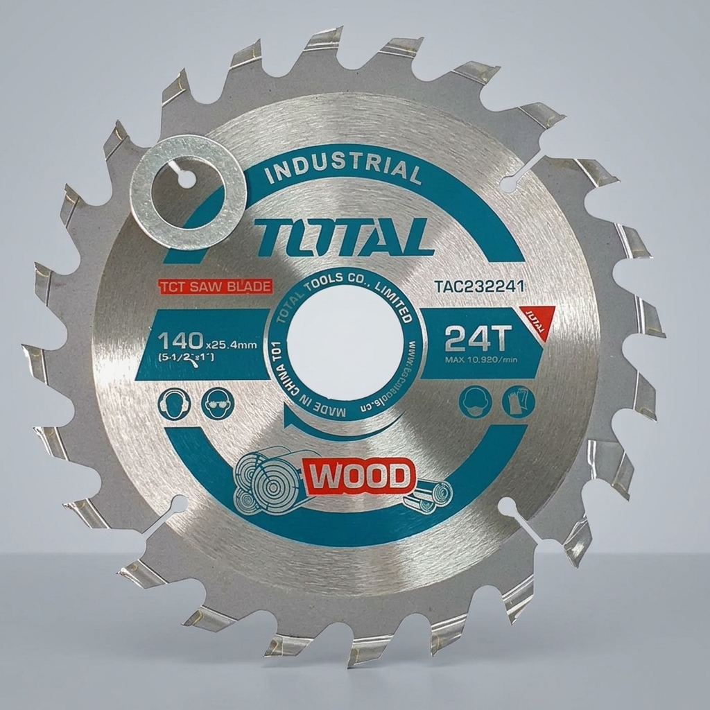 Hình ảnh Lưỡi cưa gỗ 24 răng Total TAC232241 140mm có 24 răng hợp kim TCT, đường kính 140mm và lỗ 25.4mm. Lưỡi cưa Total TAC232241 giúp cắt gỗ, ván MDF, HDF và plywood nhanh chóng, đường cắt chính xác, ít sứt mẻ, phù hợp cho thợ mộc, xưởng nội thất và người dùng DIY chuyên nghiệp.